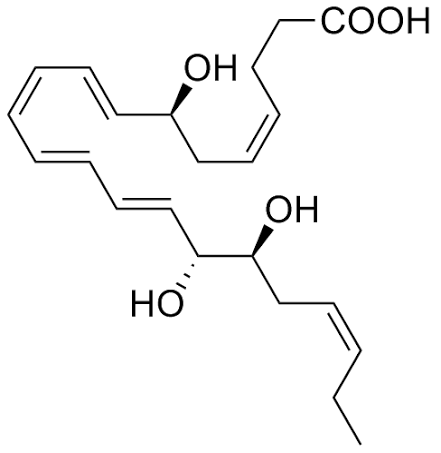 Skeletal structure of a resolvin, showing the same kind of fatty acid chain with three hydroxyl groups marked OH attached along it